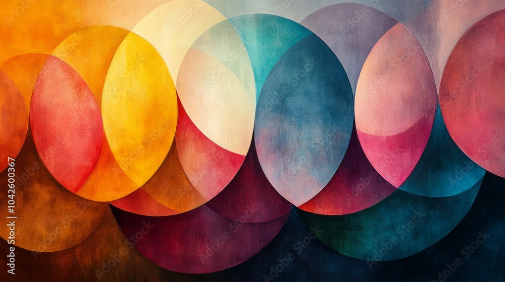 Leinwandbilder This abstract composition showcases vibrant overlapping shapes in warm and cool colors, creating a harmonious visual effect. The artwork invites contemplation and appreciation.