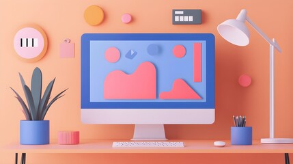 Minimalist Desk Setup with Computer  Keyboard  and Plant