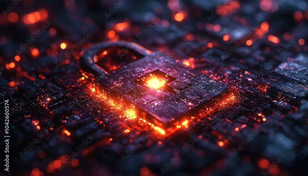 Poster glowing padlock on a cybernetic circuit board