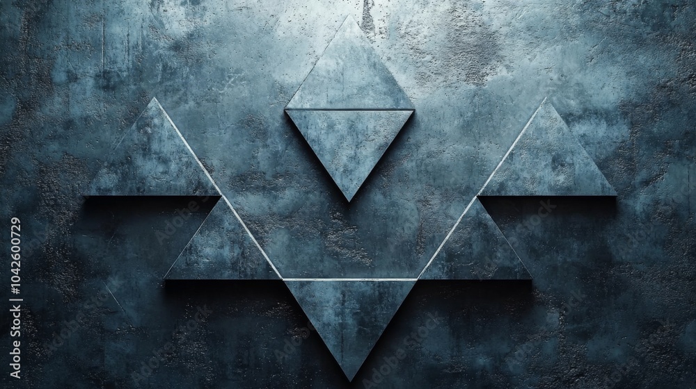 Poster A unique arrangement of geometric shapes forms an impressive visual on a textured dark wall, showcasing contemporary design elements with sharp lines and angles.