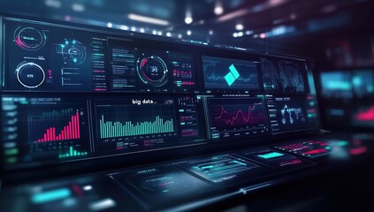 Obraz premium A futuristic control room with multiple screens displaying data and graphs