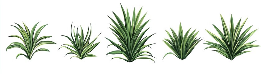 Various aloe vera plants with vibrant green leaves on a white isolated background.