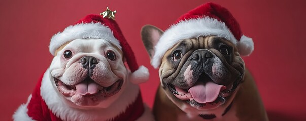 Adorable bulldogs dressed as Santa Claus and Rudolph for the holiday season.