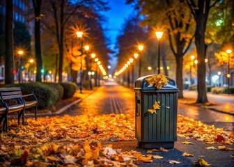 Autumn Night Photography of Garbage Container Surrounded by Colorful Leaves for Environmental Awareness