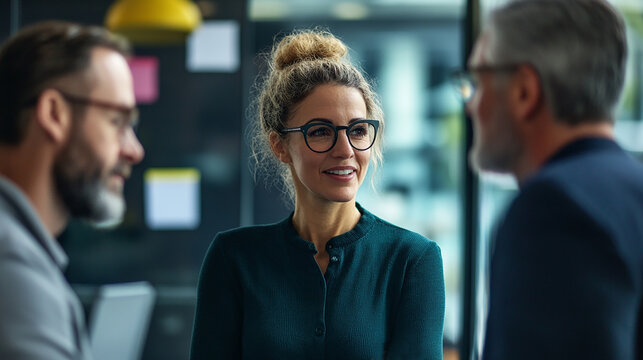 middle age woman discuss with her patner team in office