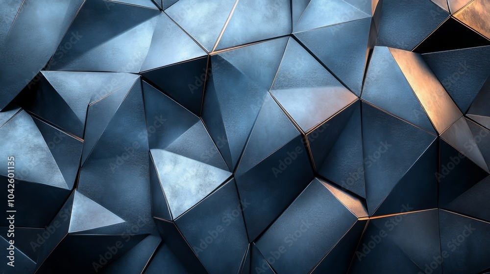 Poster A collection of angular, planar shapes creates an intriguing texture with shades of dark blue and metallic highlights. The surfaces reflect light, enhancing their sharp edges and forms.