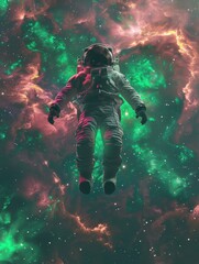 Fototapeta premium Spaceman Floating in Psychedelic Green Nebula