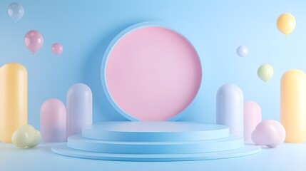 Pastel Blue Podium with Balloons 3D Rendering