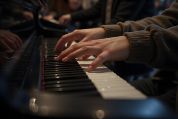 Obraz premium Hands gracefully playing piano keys in cozy ambiance