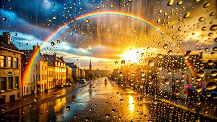 Obraz premium A vibrant rainbow arcs across a rainy cityscape, as seen through a window covered in water droplets, reflecting the golden glow of the setting sun.