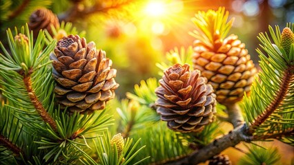 Obraz premium Sunlight Illuminates a Coniferous Branch with Immature Pine Cones