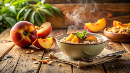 A steaming bowl of oatmeal topped with fresh peach slices and a sprig of mint, resting on a rustic wooden table surrounded by scattered peach seeds and whole peaches.
