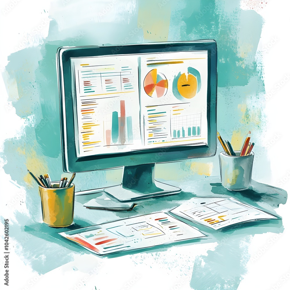 Poster computer screen with charts and graphs