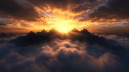 Dramatic sunset over a mountain range with clouds.