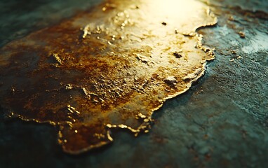 Obraz premium A close-up view of a shiny, golden metallic surface reflecting light, exhibiting rich textures and patterns against a textured background.