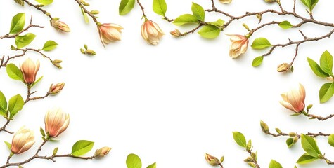 A floral border with soft pink magnolia blossoms and green leaves on a white background.