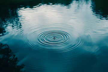 
Raindrops hitting the surface of a calm lake, causing ripples that expand outward in perfect circles, raindrops and ripples, gentle water power