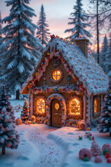 Fototapeta premium Whimsical gingerbread cottage in snowy forest at sunset with festive lights