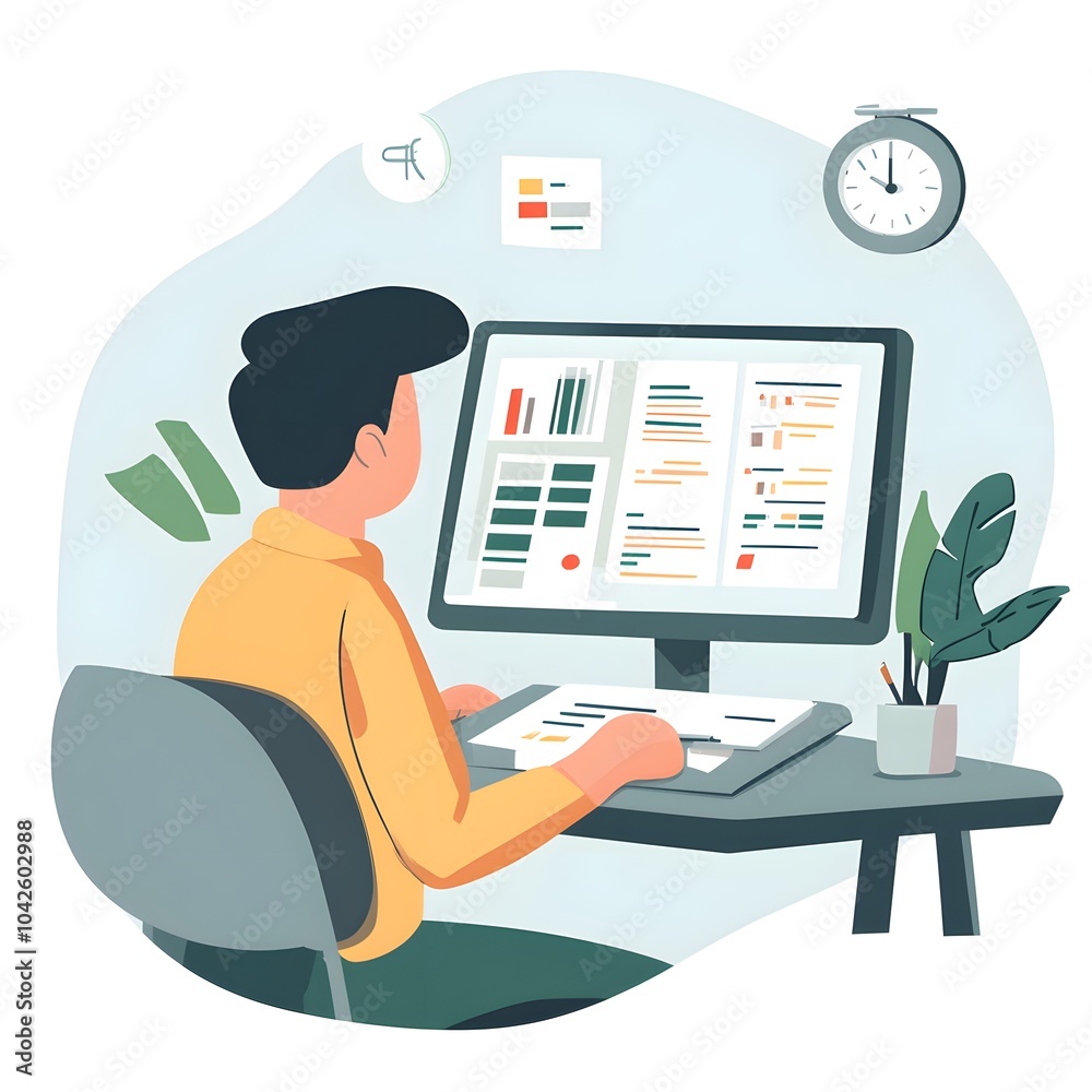 Poster man working on computer with data and charts