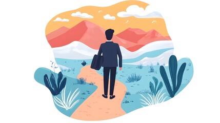 Businessman Walking on Path Towards Mountains and Future