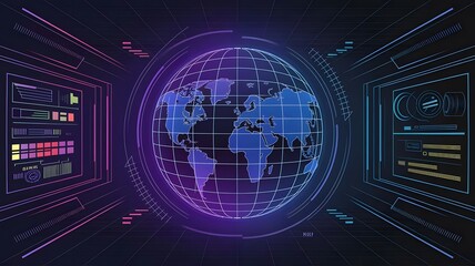 Futuristic neon cyberspace background with a whole world design, colors, elements on the side - digital metaverse concept, future energy and technological connectivity