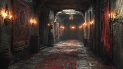 Fototapeta premium Dimly lit, ornate corridor with rich tapestries and flickering candles.