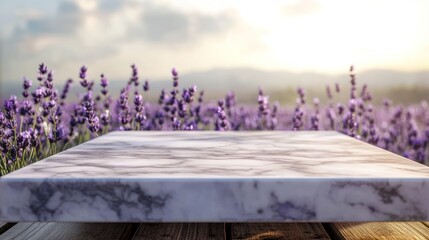 A marble surface in a lavender field under a soft sunset, perfect for product display.