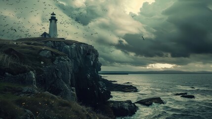 Fototapeta premium Rugged Coastline with Lighthouse and Flying Birds