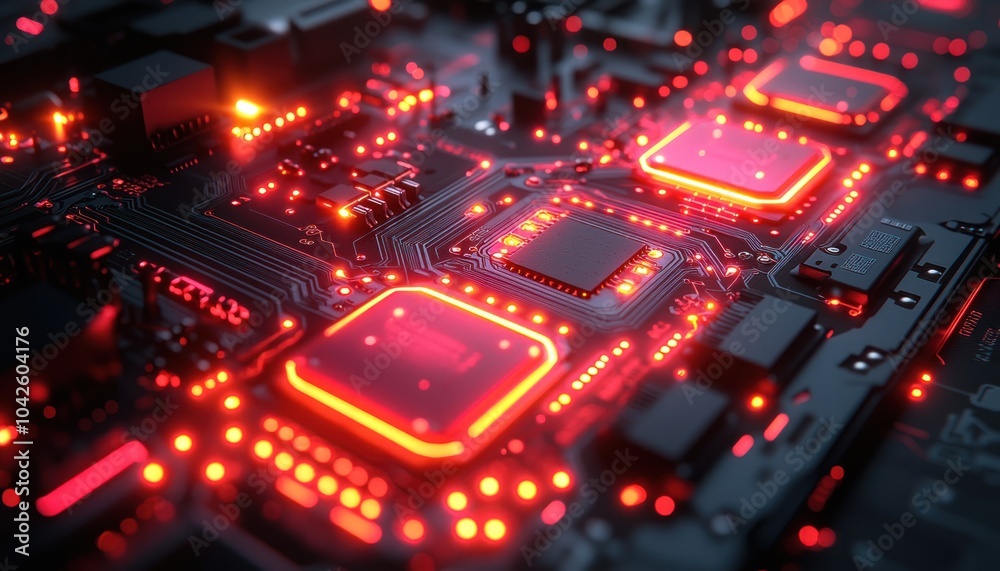 Aufkleber close-up of a glowing red circuit board with integrated chips