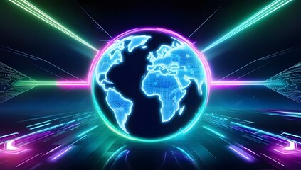 Obraz premium Digital Radiance: The Future of Connectivity This image showcases a radiant, futuristic Earth enveloped by dynamic neon light waves and digital elements, symbolizing global connectivity. 