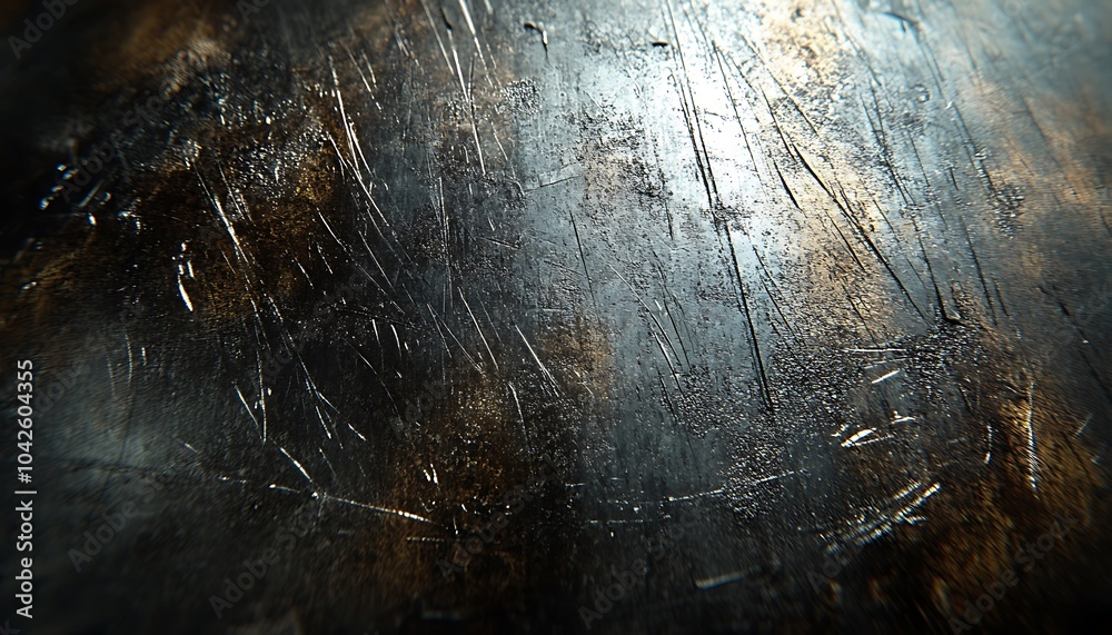 Poster a textured surface with scratches and reflections, exhibiting a mix of dark tones and gleaming highl
