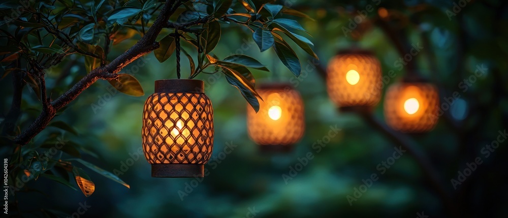 Aufkleber a warm glowing lantern hanging from a tree branch