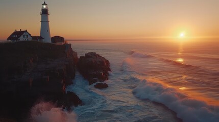 Fototapeta premium Lighthouse on Rocky Cliff at Sunset