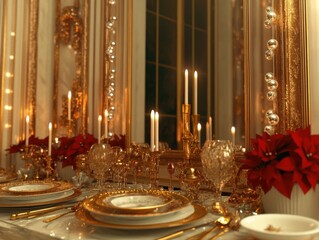Luxurious christmas dining table setting with elegant decor and festive atmosphere for memorable holiday gatherings.Generative Ai