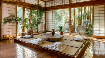 Fototapeta premium Zen-style living room with a low Japanese futon, bamboo flooring, a stone coffee table, and indoor plants near sliding shoji screen windows. interior design concept 