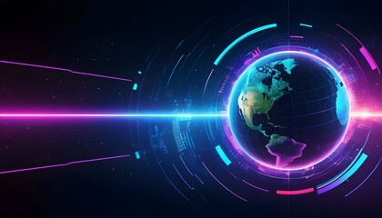 Obraz premium Digital Radiance: The Future of Connectivity This image showcases a radiant, futuristic Earth enveloped by dynamic neon light waves and digital elements, symbolizing global connectivity. 