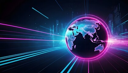 Obraz premium Digital Radiance: The Future of Connectivity This image showcases a radiant, futuristic Earth enveloped by dynamic neon light waves and digital elements, symbolizing global connectivity. 
