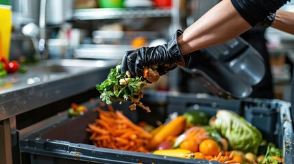 Hand with Black Gloves Placing Food Waste in a Bin