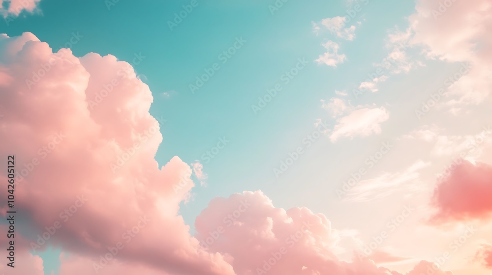 Poster a bright sky with soft pink clouds against a serene blue backdrop, creating a tranquil and picturesq