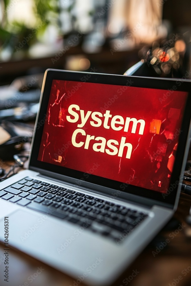 Leinwandbilder system crash alert high-detail close-up of laptop error message amid desk clutter