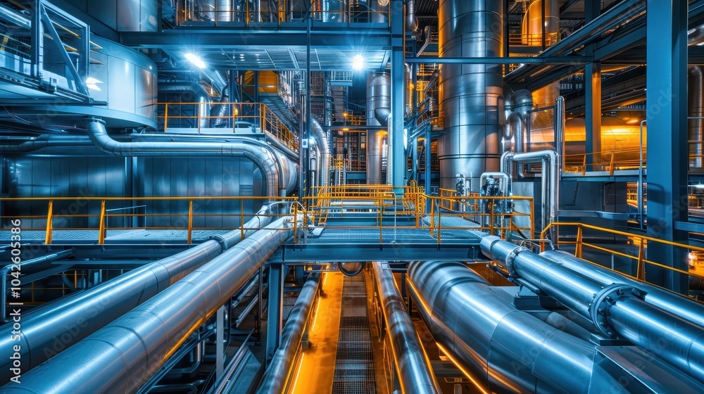 Poster modern factory architecture with massive pipes and structures
