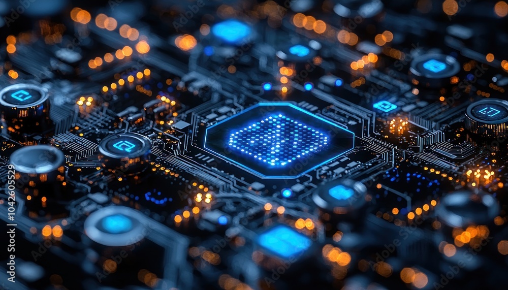 Aufkleber blue illuminated microchip on circuit board with orange lights
