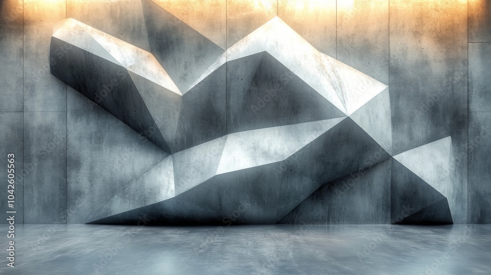 Aufkleber A stunning abstract design features sharp geometric shapes on a concrete wall within a modern art setting, highlighted by soft sunlight from above.