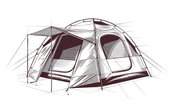 recommend clip art: Line art illustration of a camping tent with a dark red outline and a white background.
