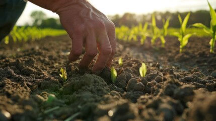 Farmer's Hand Gently Touches a Sprout in a Field