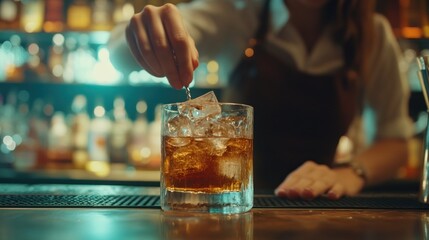 A bartender adds ice to a glass of whiskey at a bar, capturing the drink preparation moment.