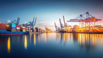 Obraz premium An active port terminal with stacks of containers and busy cranes, Symbolizing the connectivity of global trade routes, photography style