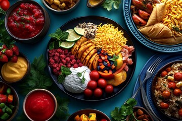 3D digital illustration of a Ramadan feast, with vibrant colors and detailed textures of traditional foods laid out for iftar