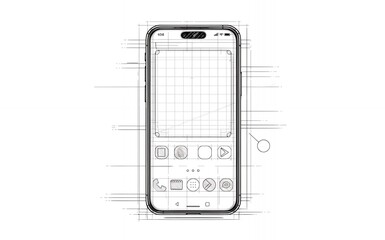 A wireframe of a smartphone with a blank screen and app icons.