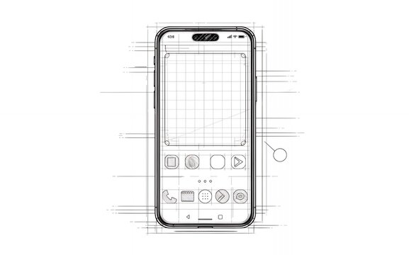 A wireframe of a smartphone with a blank screen and app icons.